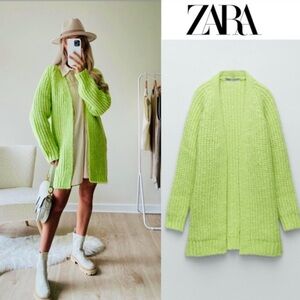 Zara Chunky Knit Bright Neon Green Oversized Cardigan Size Small